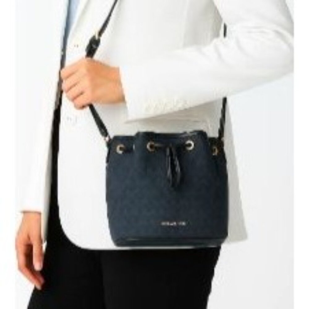 Michael Kors MK Signature Blue Bucket Bag Designer Logo Tote Gold Hardware - Picture 4 of 13